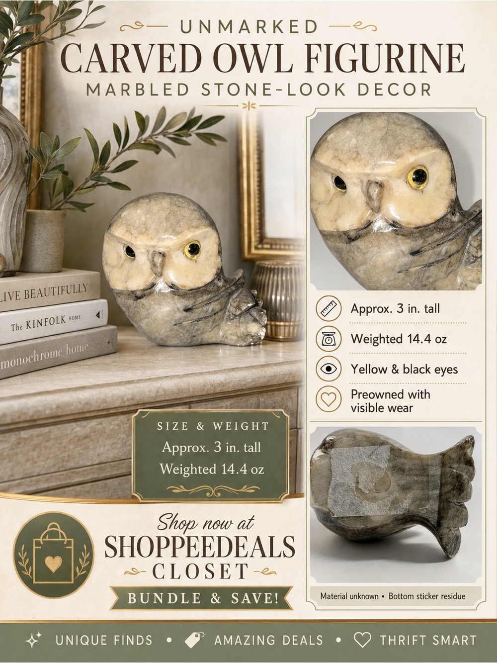Carved Stone Owl Figurine Gray Cream Marble Look 3” Collectible Decor